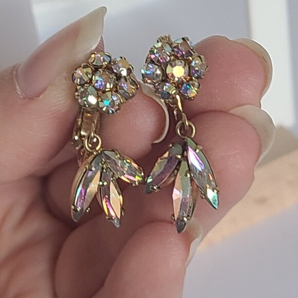Vintage SHERMAN Aurora Borealis Crystal Gold Flower Drop Dangle Clip-On Earrings - Picture 2 of 13